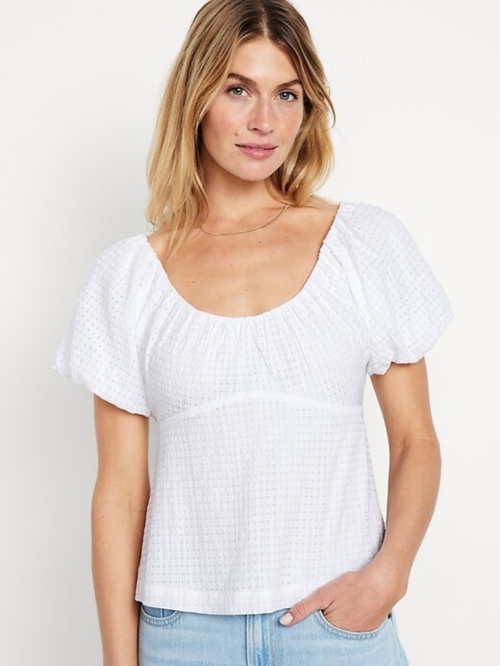 Women's White Puff-Sleeve Peasant Top - Picture 3 of 7